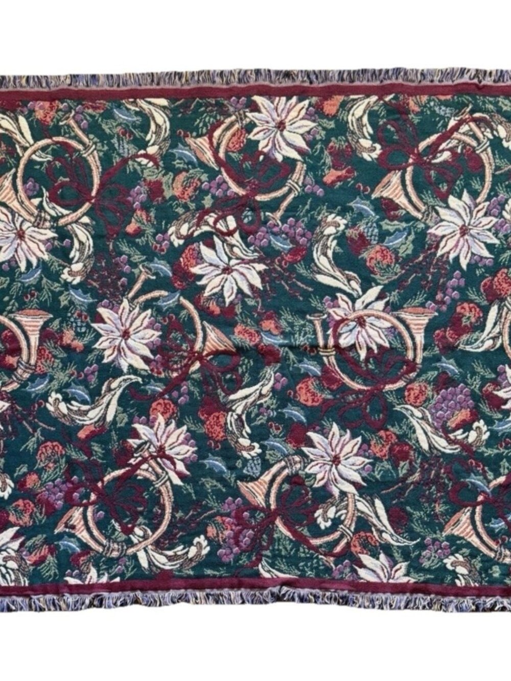 Goodwin Weavers Holiday Poinsettia Horns Throw Blanket Tapestry Green Red 45x62”